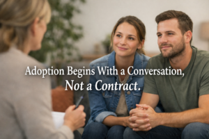 adoptive parents speaking to an adoption professional gathering information, smiling