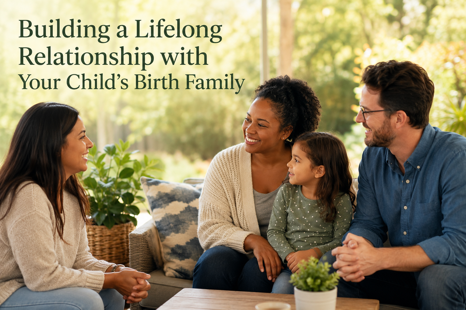adoption connections Adoptive parents and their young child sit together with the child's birth mother in a bright, comfortable living room with large windows overlooking a park-like setting. Everyone is smiling warmly and engaged in relaxed conversation, reflecting trust, respect, and an ongoing open adoption relationship. Soft natural lighting and neutral colors create a hopeful, welcoming atmosphere. The image includes the title, "Building a Lifelong Relationship with Your Child's Birth Family."