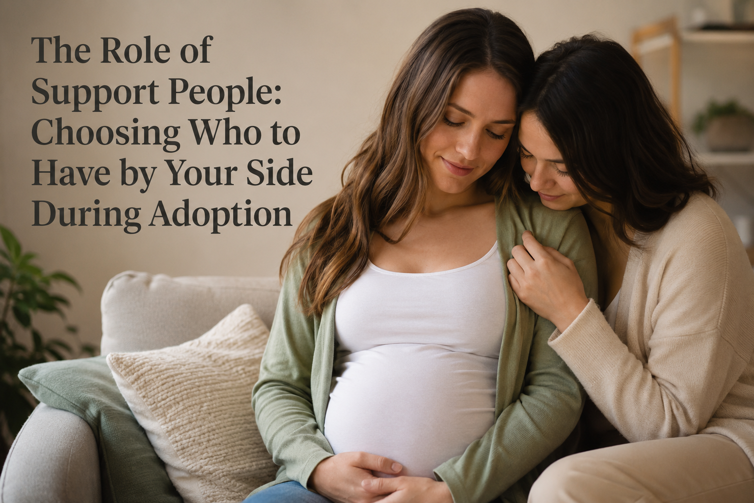 support during adoption A pregnant woman sits on a sofa with her hands resting on her baby bump while another woman sits beside her, gently placing a supportive hand on her shoulder. Both have calm, compassionate expressions, creating a warm and reassuring atmosphere. The background features a softly lit living room with neutral colors. On the left side of the image, large text reads: "The Role of Support People: Choosing Who to Have by Your Side During Adoption." The overall image conveys emotional support, trust, and companionship during the adoption journey.