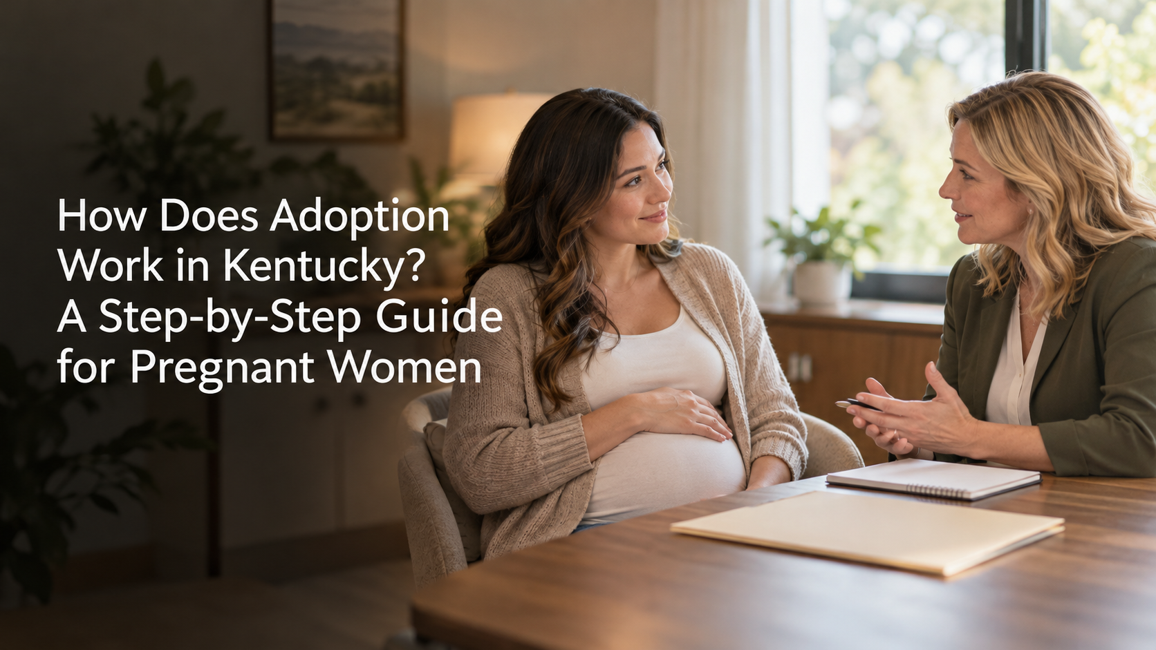 adoption process kentucky Pregnant woman speaking with an adoption professional about how adoption works in Kentucky.